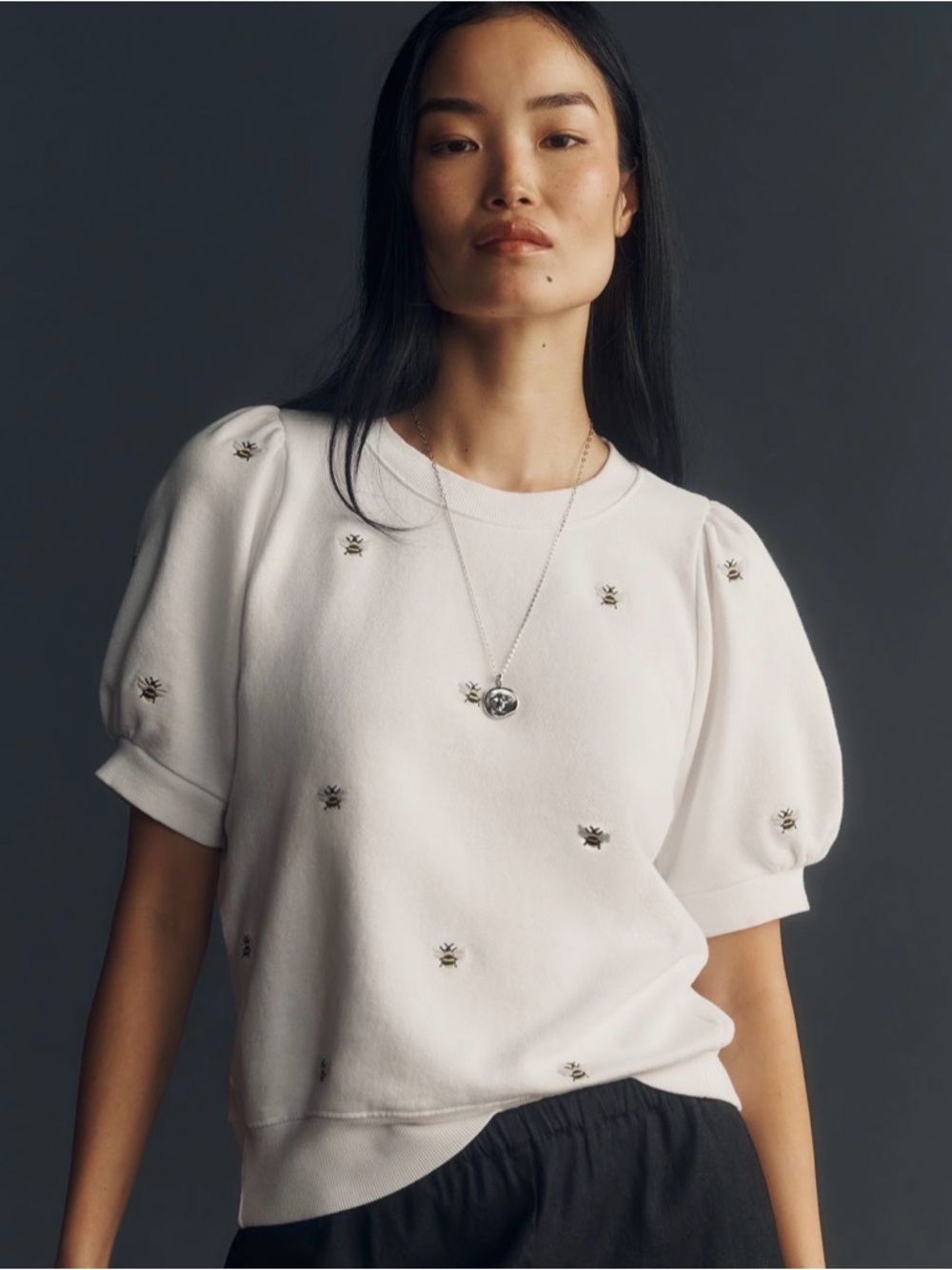NWT Anthropologie Maeve Ivory Bumblebee Puff Sleeve Sweatshirt Tee SZ SMALL